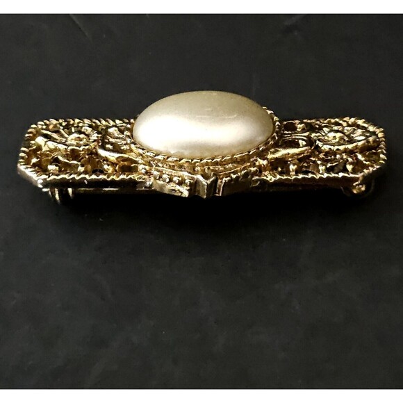 Vintage Bar Brooch Gold Tone Faux Pearl Stone Estate Piece 1.25" EUC - Picture 6 of 9